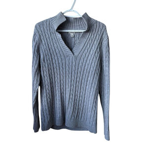 L.L. Bean Cable Knit Collared VNeck Grey Sweater Size Medium